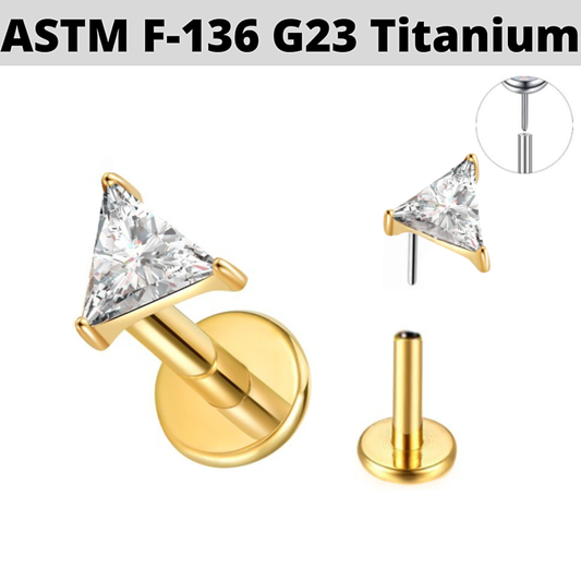 G23 Gold PVD Titanium Threadless Push In Triangle CZ Tragus Labret