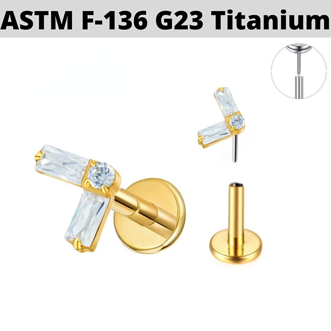 G23 Gold PVD Titanium Threadless Push In Chevron Baguette CZ Tragus Labret