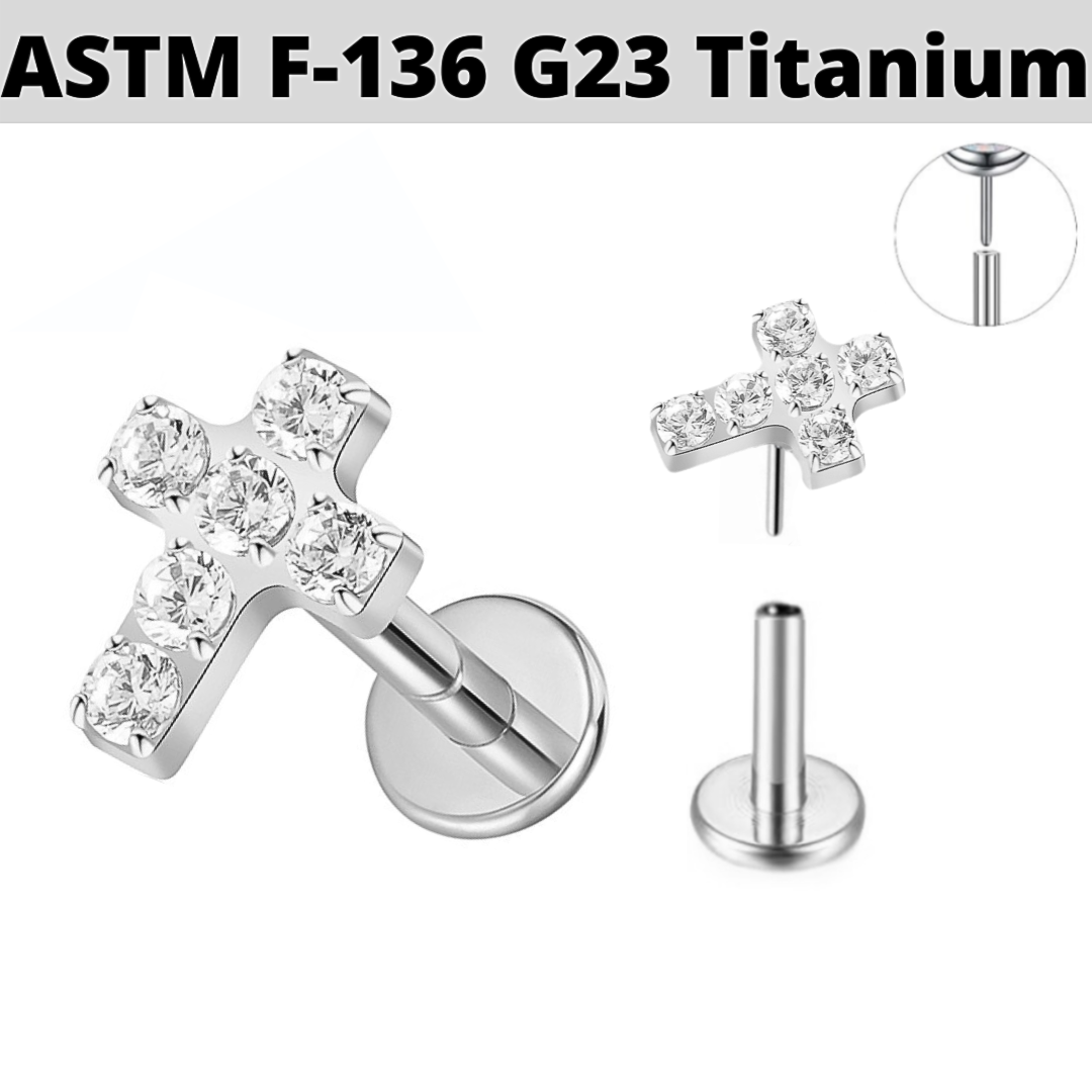G23 Titanium Threadless Push In Paved CZ Cross Labret