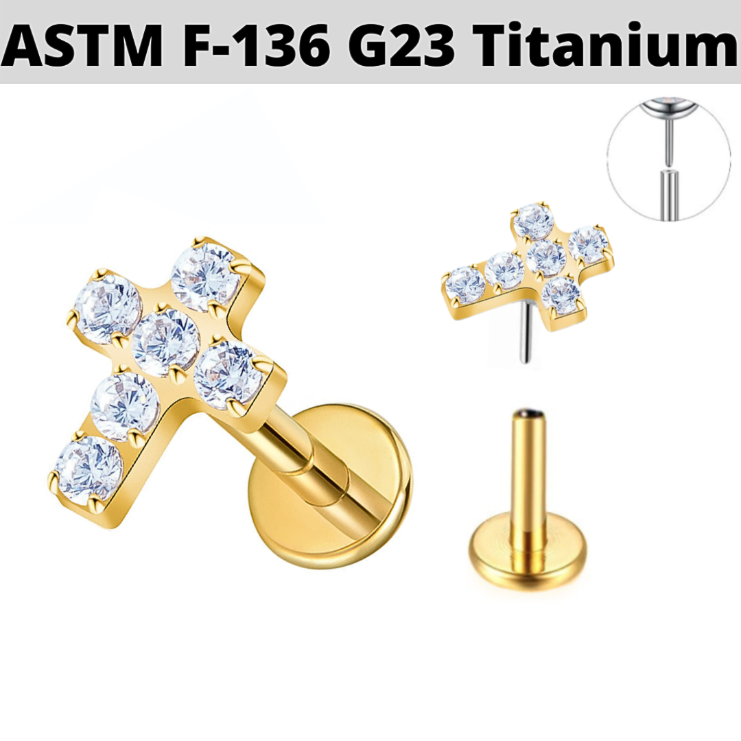G23 Gold PVD Titanium Threadless Push In Paved CZ Cross Labret