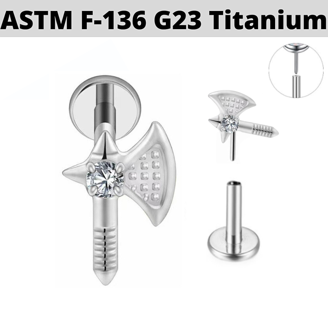 G23 Titanium Threadless Push In CZ Medieval Axe Labret