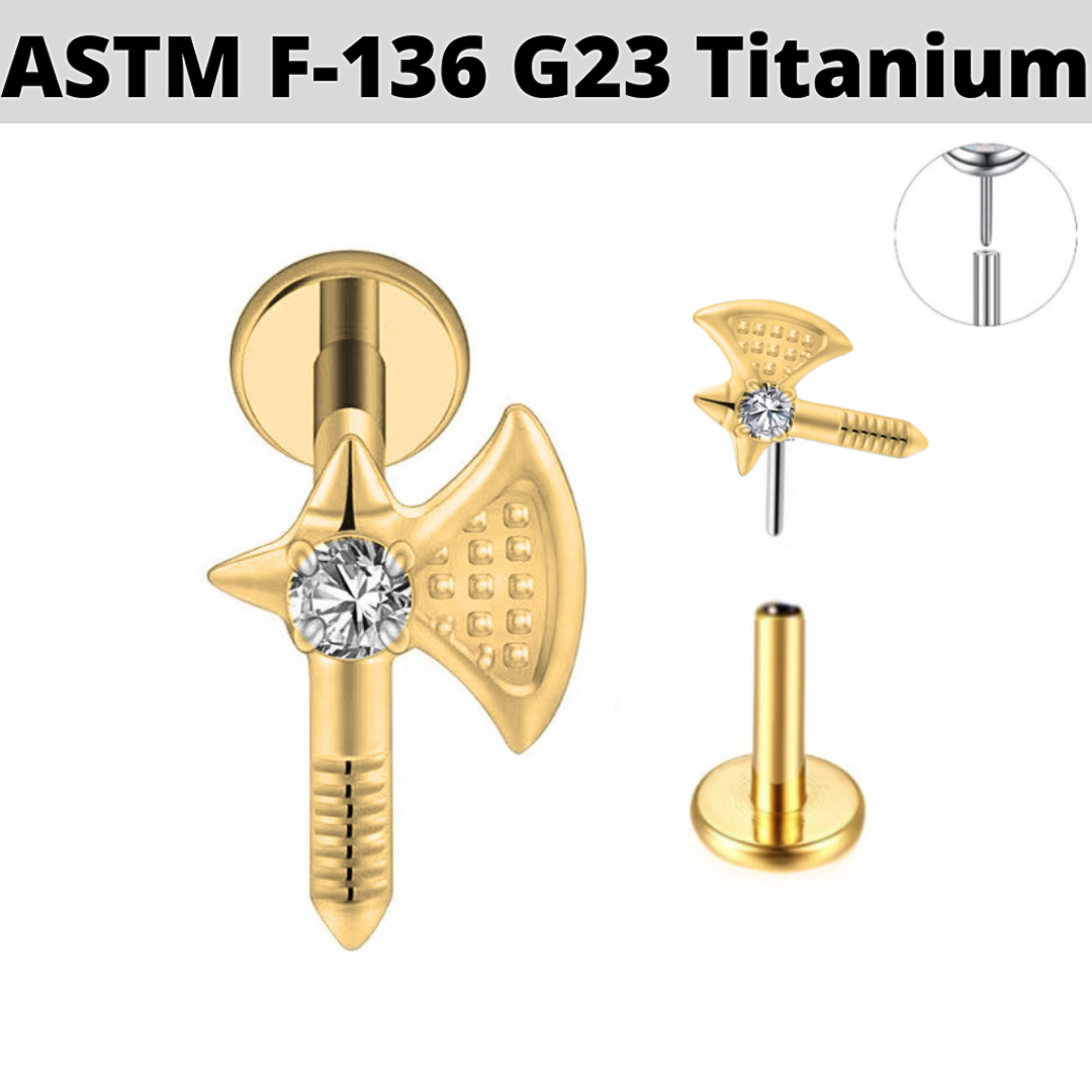 G23 Gold PVD Titanium Threadless Push In CZ Medieval Axe Labret