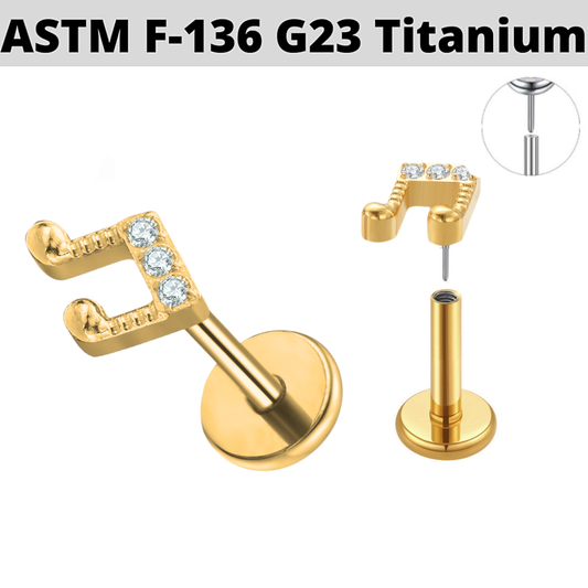 G23 Gold PVD Titanium Threadless Push In CZ Music Note Labret
