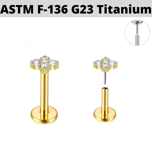 G23 Gold PVD Titanium Threadless Push In Micro CZ Clover Leaf Labret