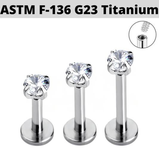 G23 Titanium Internally Threaded CZ Prong Set Tragus Labret