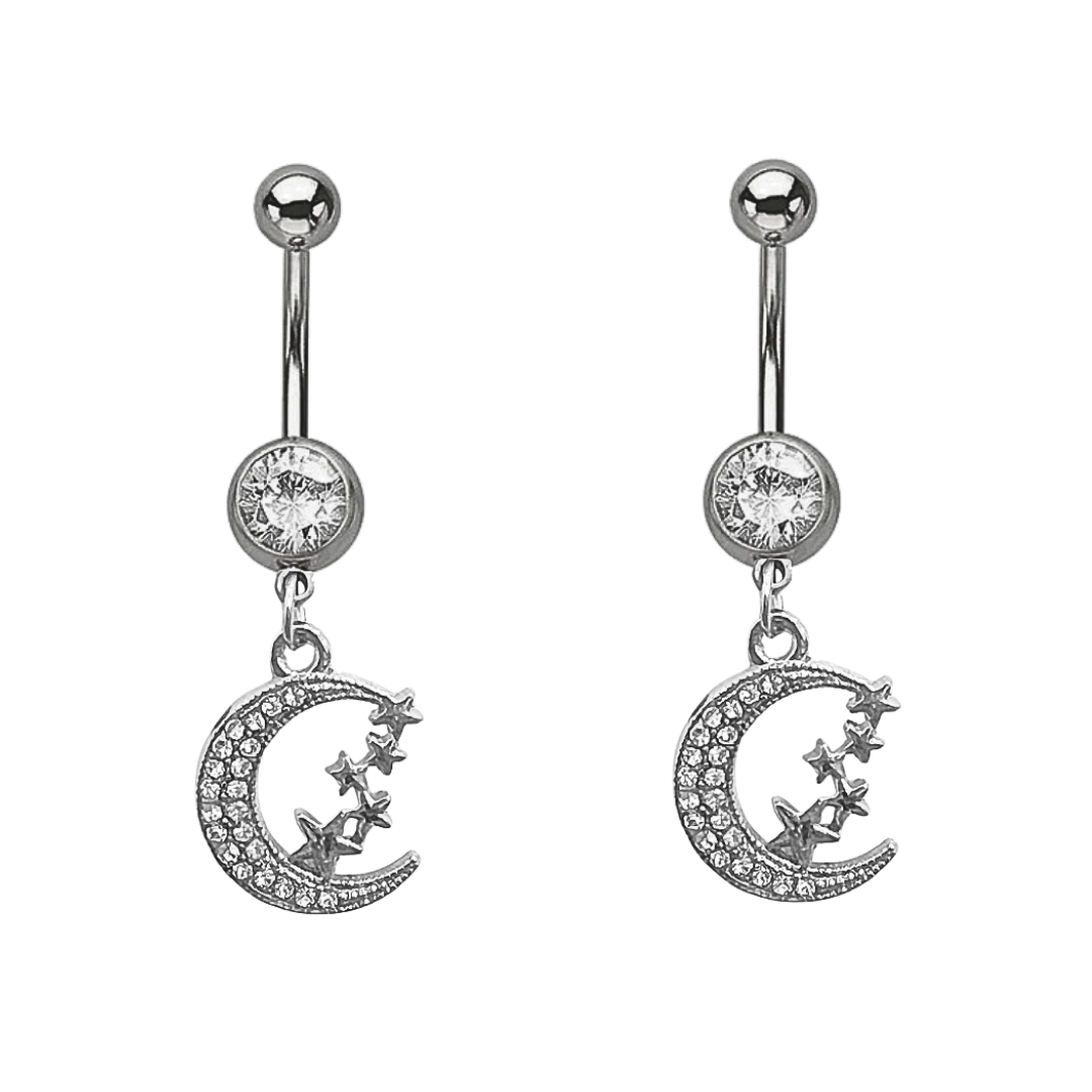 Paved CZ Moon And Stars Dangle Belly Ring