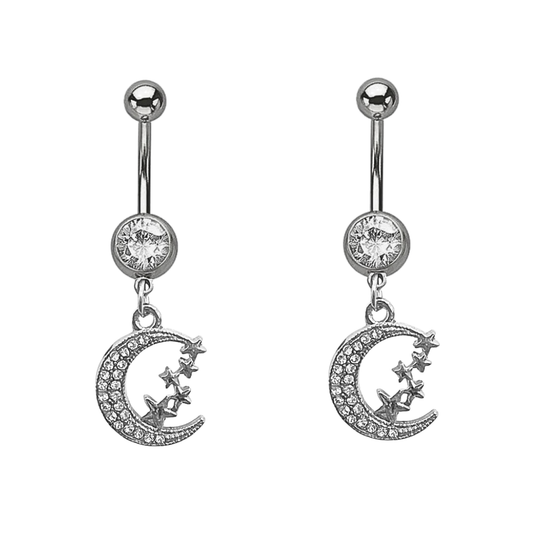 Paved CZ Moon And Stars Dangle Belly Ring