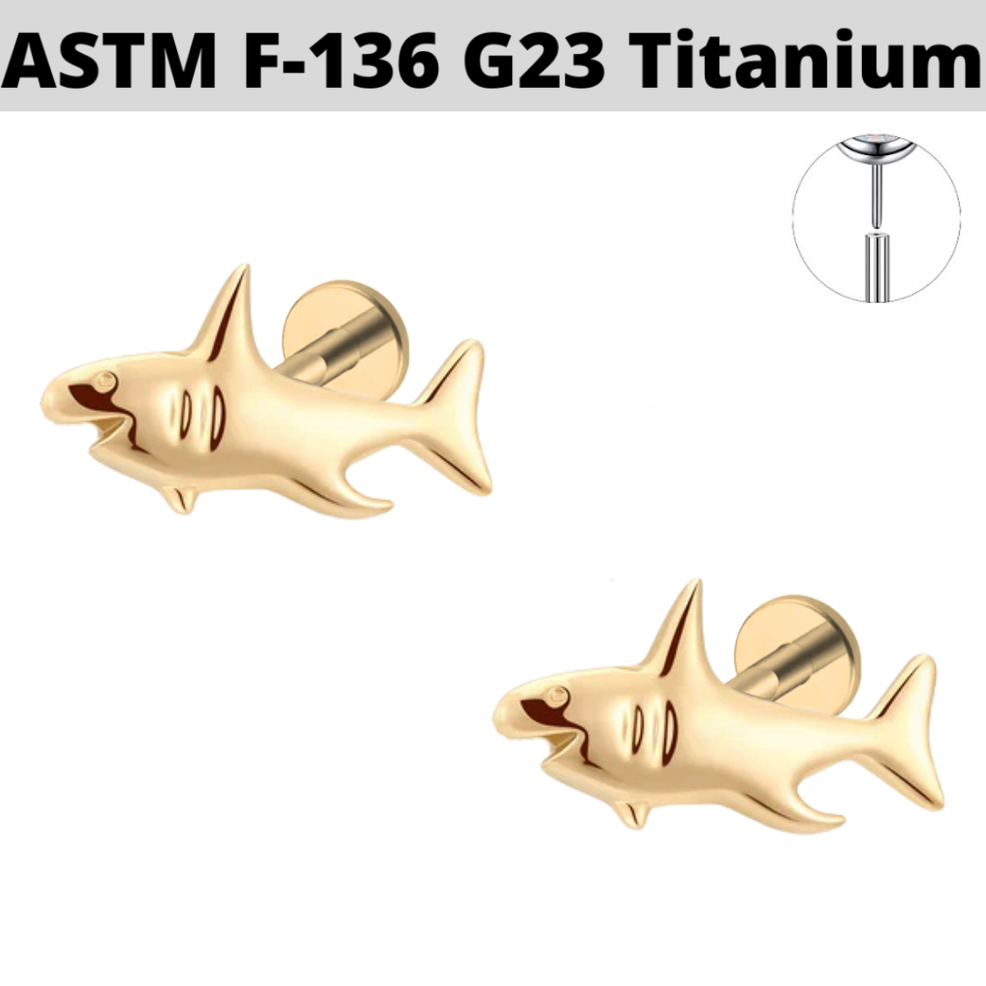 G23 Gold PVD Titanium Threadless Push In 3D Shark Tragus Labret
