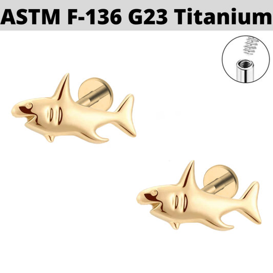G23 Gold PVD Titanium Internally Threaded 3D Shark Tragus Labret