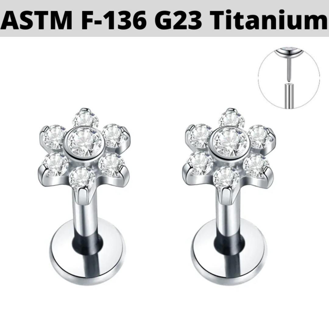 G23 Titanium Threadless Push In Bezel Set CZ Flower Labret