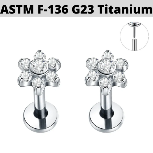 G23 Titanium Threadless Push In Bezel Set CZ Flower Labret