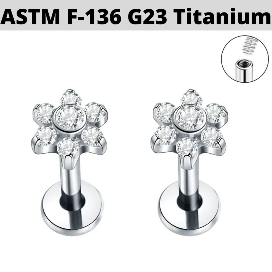 G23 Titanium Internally Threaded Bezel Set CZ Flower Tragus Labret
