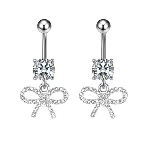 Prong Set CZ Dangle Paved CZ Ribbon Bow Belly Ring