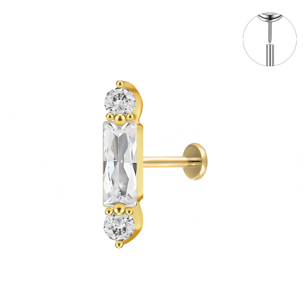 Gold Ion Plated Steel Threadless Push In Rectangle Baguette CZ Bar Tragus Labret