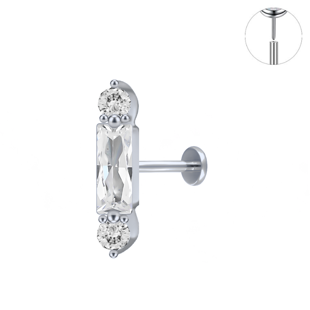 Steel Threadless Push In Rectangle Baguette CZ Bar Tragus Labret