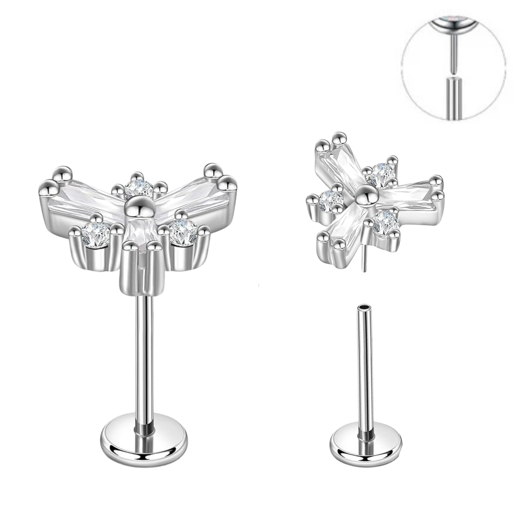 Steel Threadless Push In Baguette CZ Triangle Flower Tragus Labret