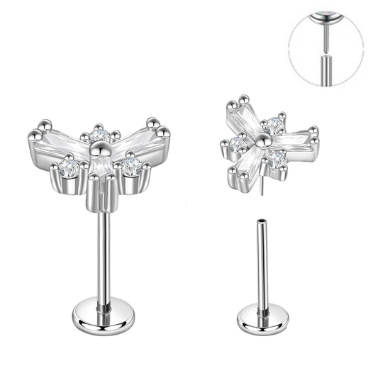 Steel Threadless Push In Baguette CZ Triangle Flower Tragus Labret