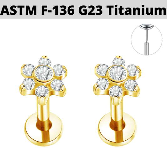 G23 Gold PVD Titanium Threadless Push In Bezel Set CZ Flower Labret