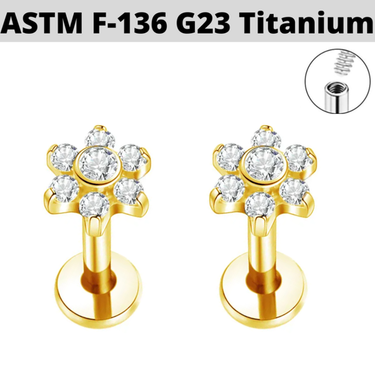 G23 Gold PVD Titanium Internally Threaded Bezel Set CZ Flower Tragus Labret