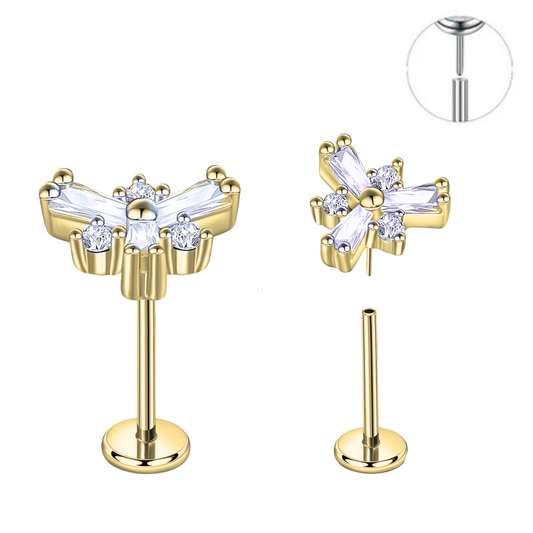 Gold Ion Plated Steel Threadless Push In Baguette CZ Triangle Flower Tragus Labret
