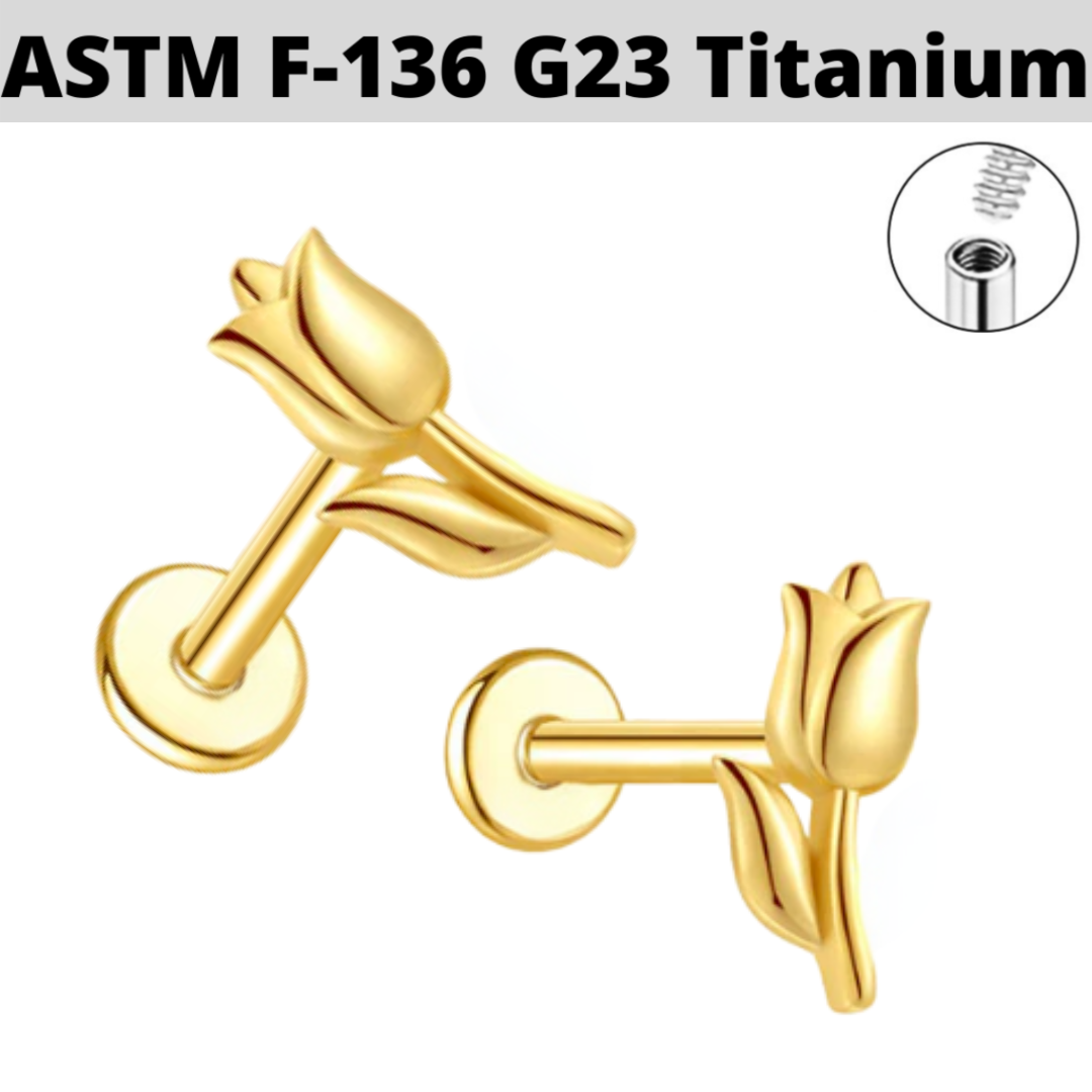 G23 Gold PVD Titanium Internally Threaded 3D Rose Tragus Labret