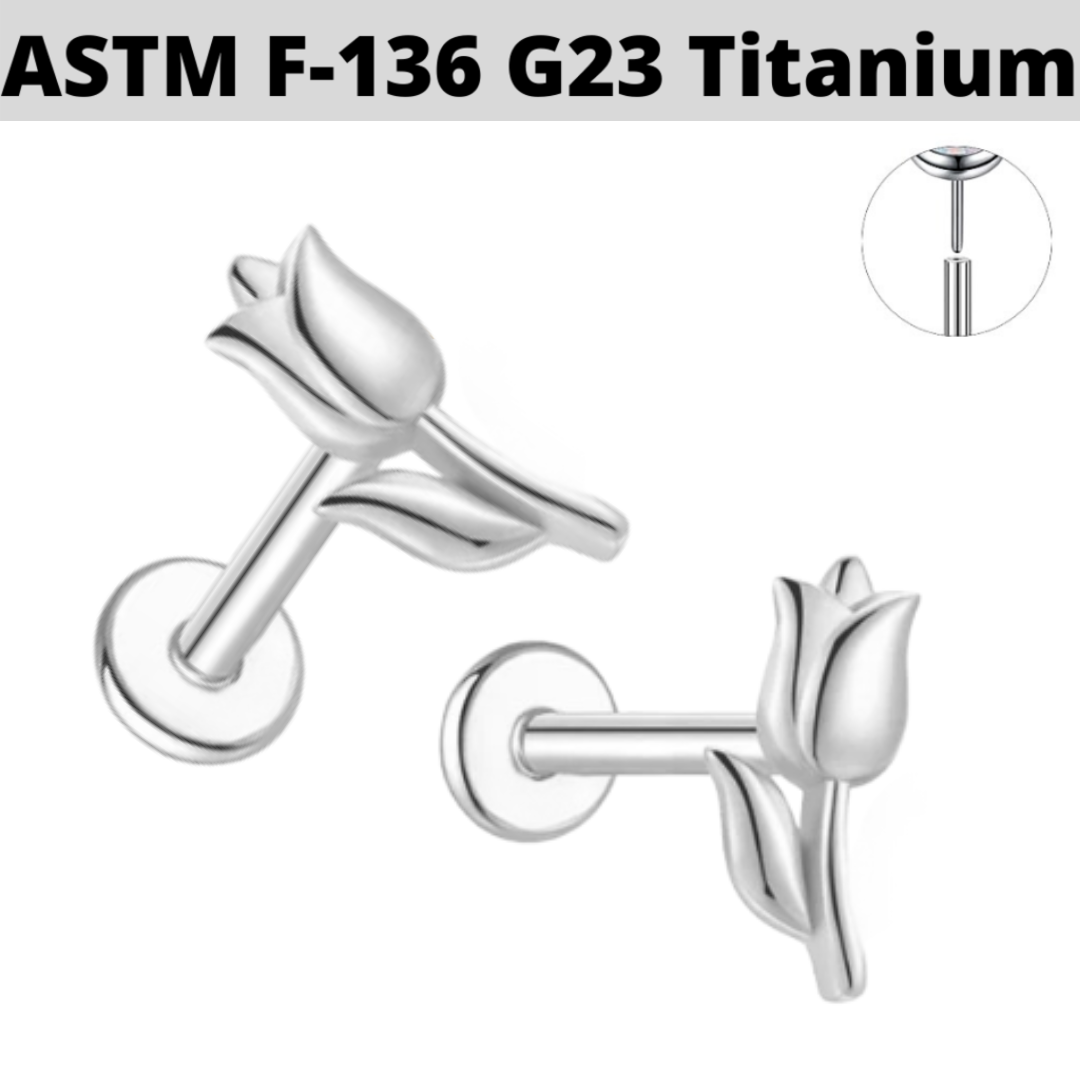 G23 Titanium Threadless Push In 3D Rose Tulip Flower Tragus Labret