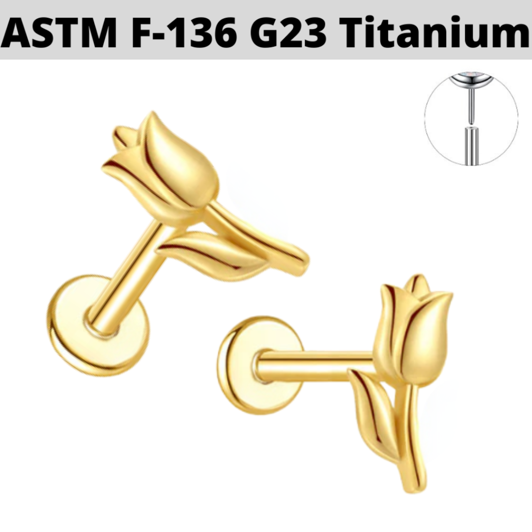 G23 Gold PVD Titanium Threadless Push In 3D Rose Tragus Labret