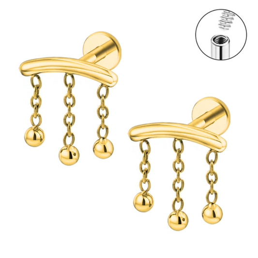 16G Gold Steel Internally Threaded Hanging Balls Chain Labret