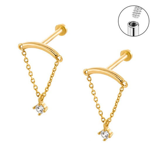 16G Gold Steel Internally Threaded Hanging CZ Chain Labret