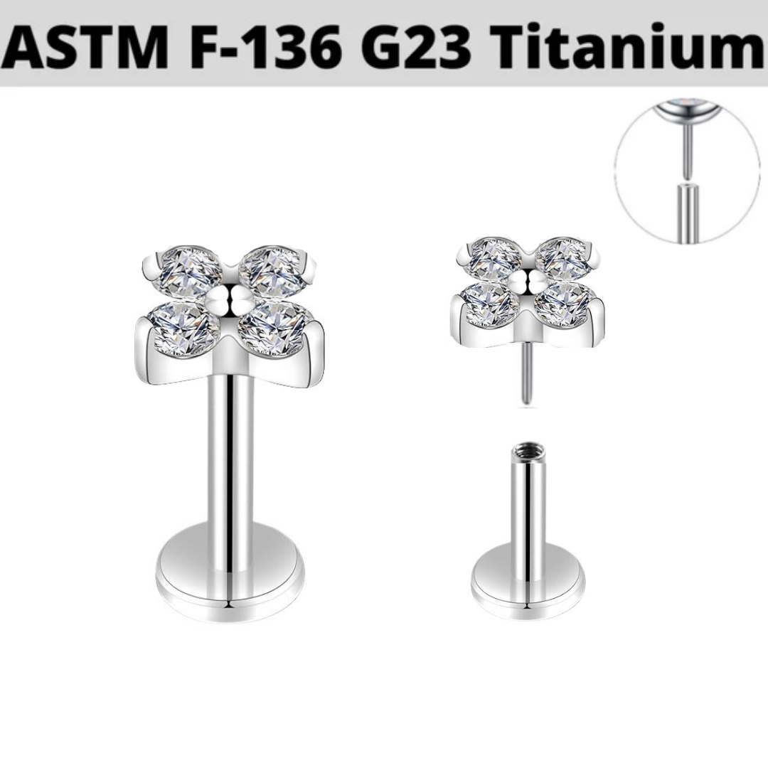 G23 Titanium Threadless Push In 4 CZ Clover Leaf Tragus Labret