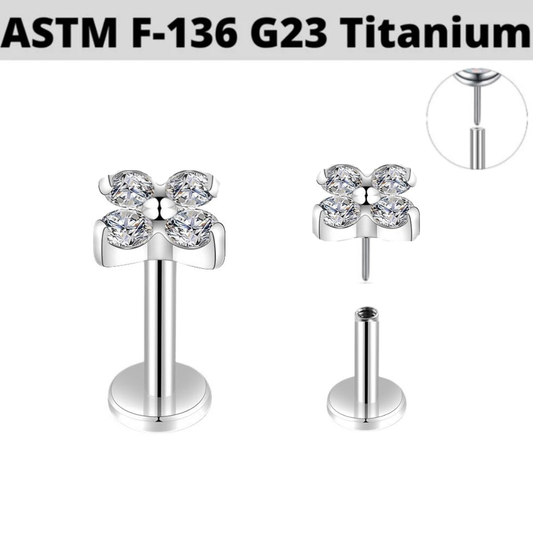 G23 Titanium Threadless Push In 4 CZ Clover Leaf Tragus Labret