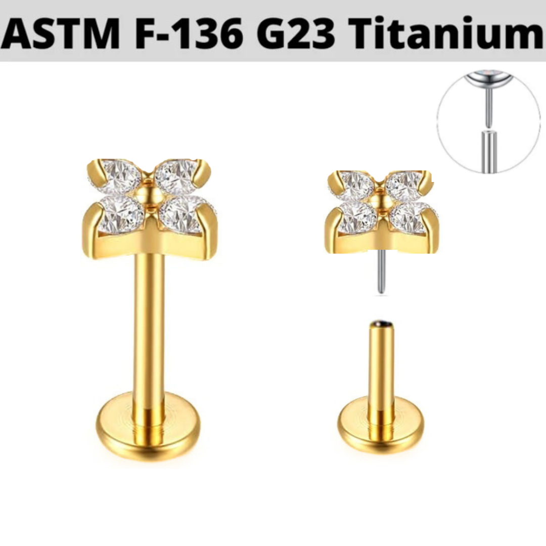 G23 Gold PVD Titanium Threadless Push In 4 CZ Clover Leaf Tragus Labret