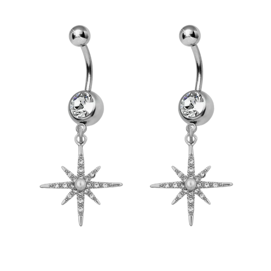 Paved CZ North Star with Pearl Dangle Belly Ring
