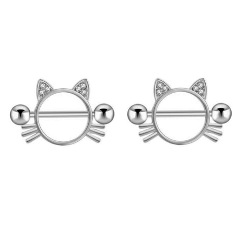 Steel Cat with CZ Ear Nipple Shield