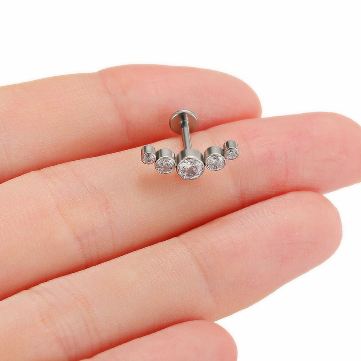 Internally Threaded Steel 5 CZ Cluster Tragus Labret