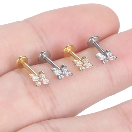 G23 Gold PVD Titanium Internally Threaded Marquise CZ Long Flower Labret