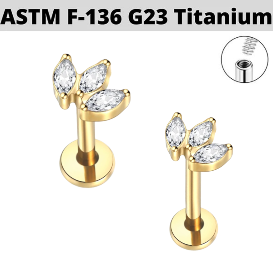 G23 Gold PVD Titanium Internally Threaded Bezel Set 3 Marquise Fan CZ Tragus Labret