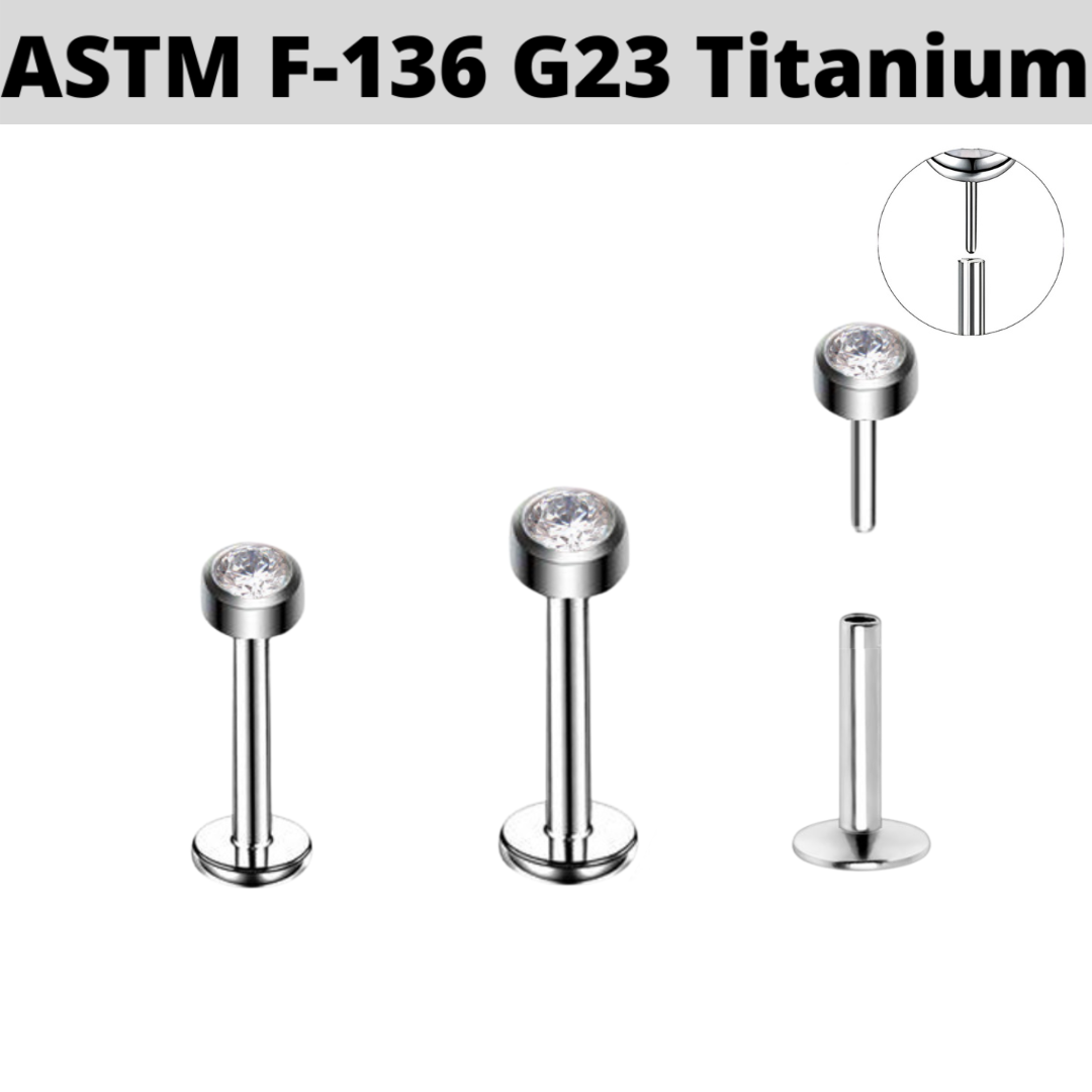 G23 Titanium Threadless Push In Flat CZ Labret Tragus