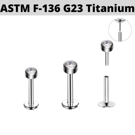 G23 Titanium Threadless Push In Flat CZ Labret Tragus