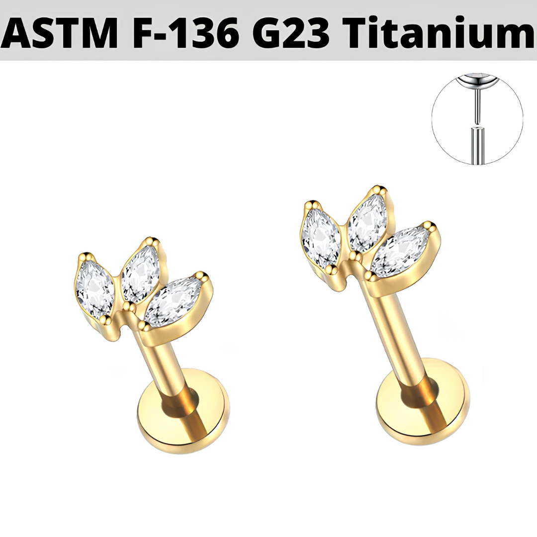 G23 Gold PVD Titanium Threadless Push In 3 Marquise Fan CZ Tragus Labret