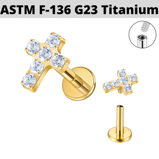 G23 Gold PVD Titanium Internally Threaded Paved CZ Cross Labret