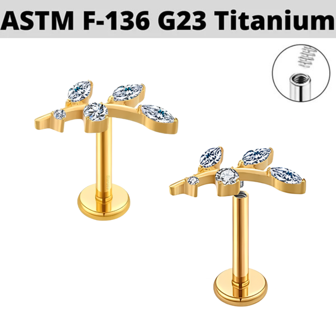 G23 Gold PVD Titanium Internally Threaded 5 CZ Leaf Tragus Labret