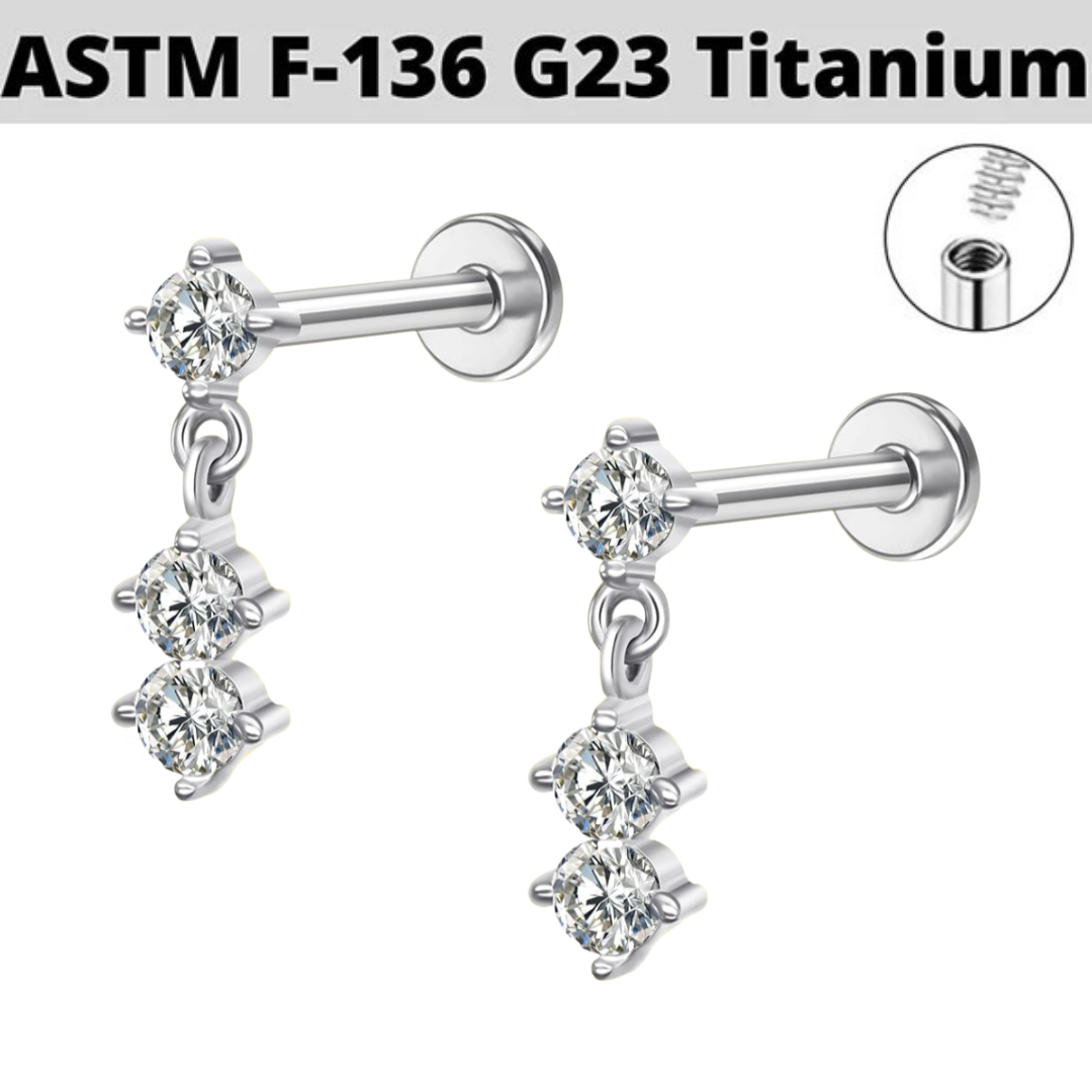 G23 Titanium Internally Threaded 3 CZ Dangle Top Labret