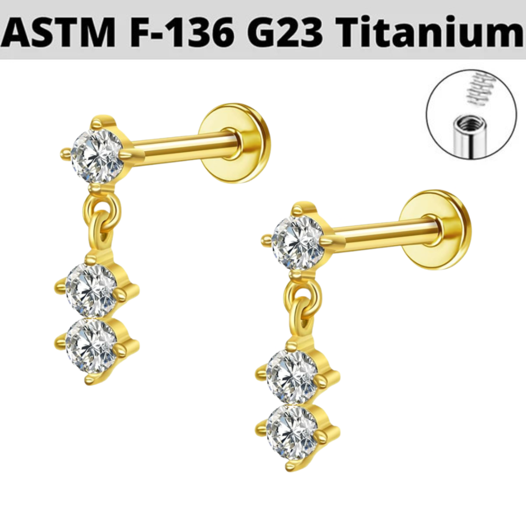 G23 Gold PVD Titanium Internally Threaded 3 CZ Dangle Top Labret