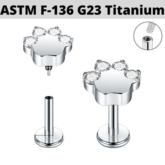 G23 Titanium Internally Threaded Paw CZ Tragus Labret