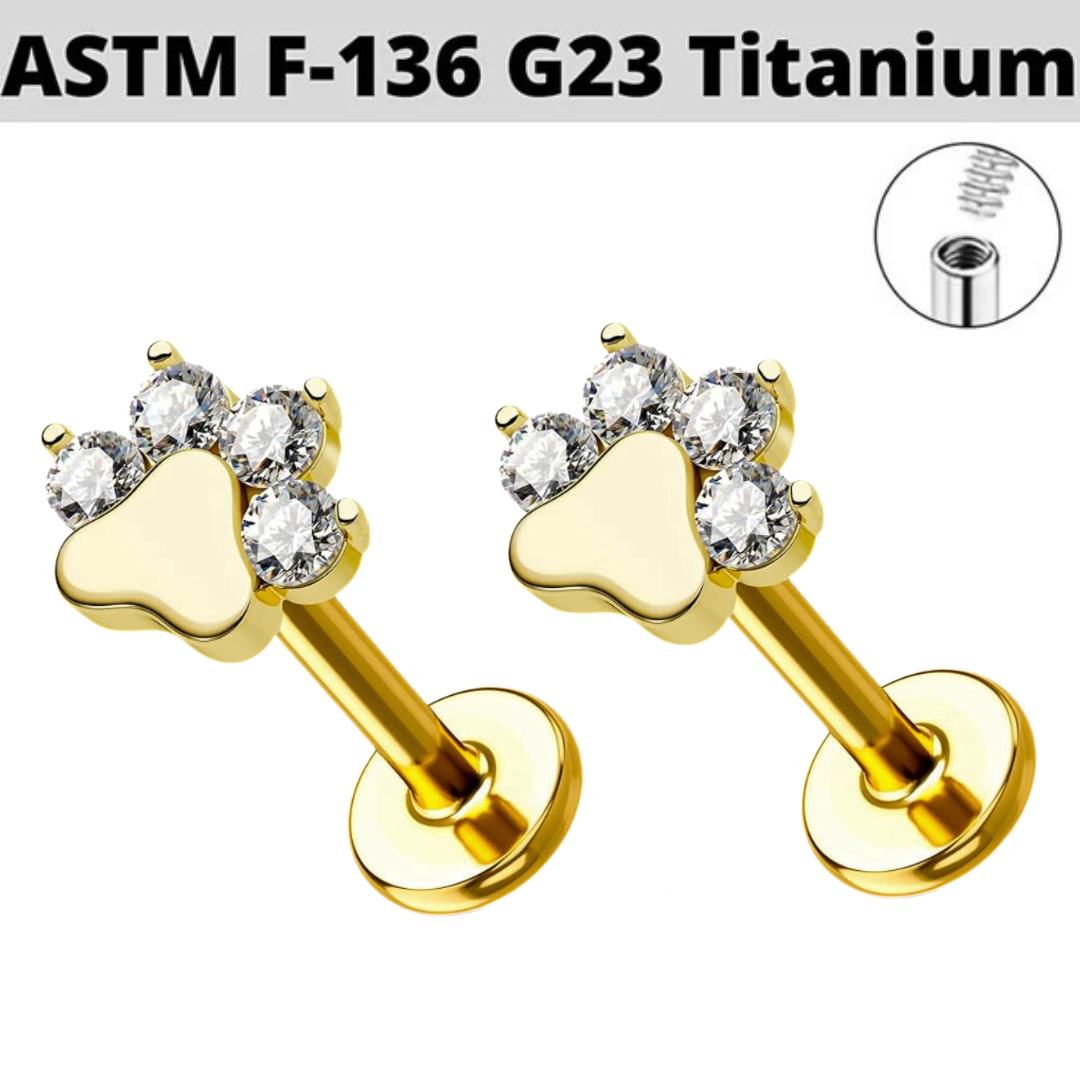 G23 Gold PVD Titanium Internally Threaded Paw CZ Tragus Labret