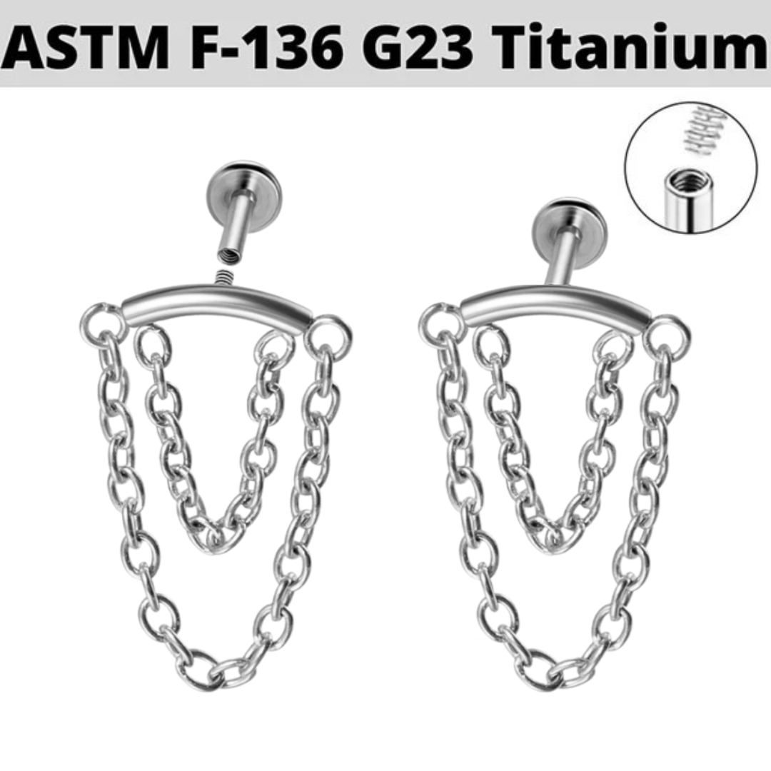 G23 Titanium Internally Threaded Double Hanging Chains Labret