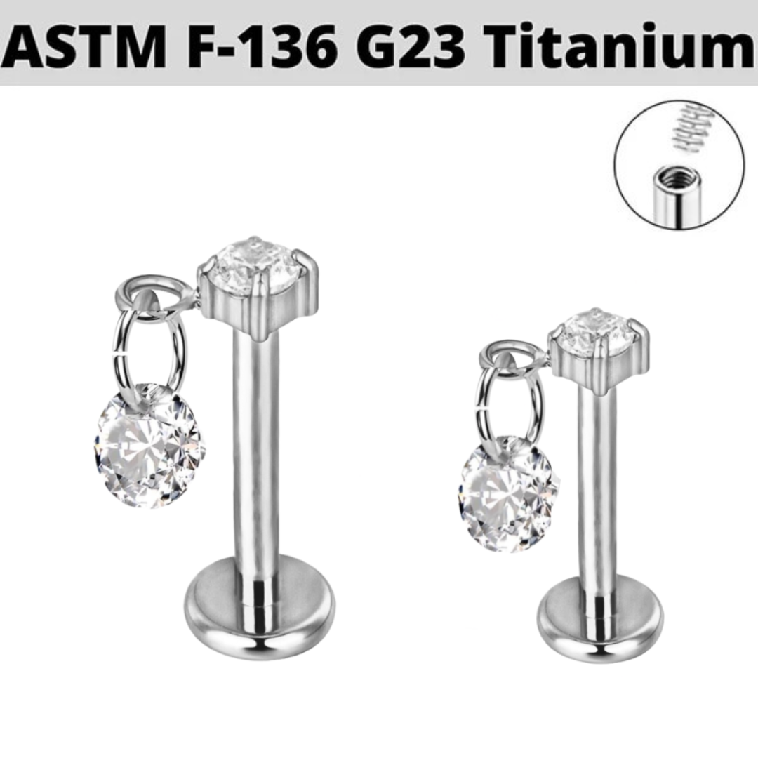 G23 Titanium Internally Threaded Double CZ Dangle Top Labret