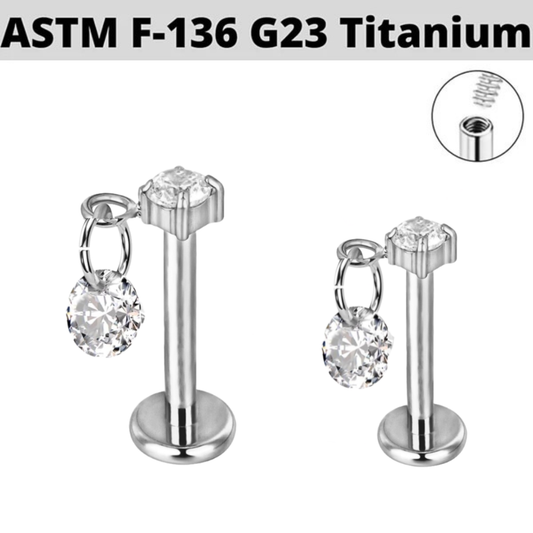 G23 Titanium Internally Threaded Double CZ Dangle Top Labret