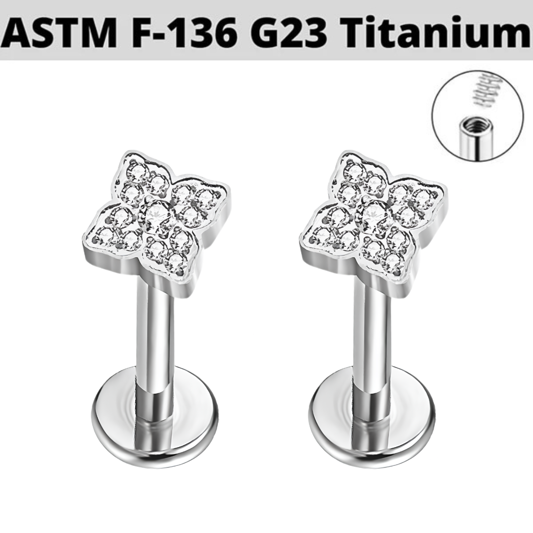 G23 Titanium Internally Threaded CZ Paved Clover Labret